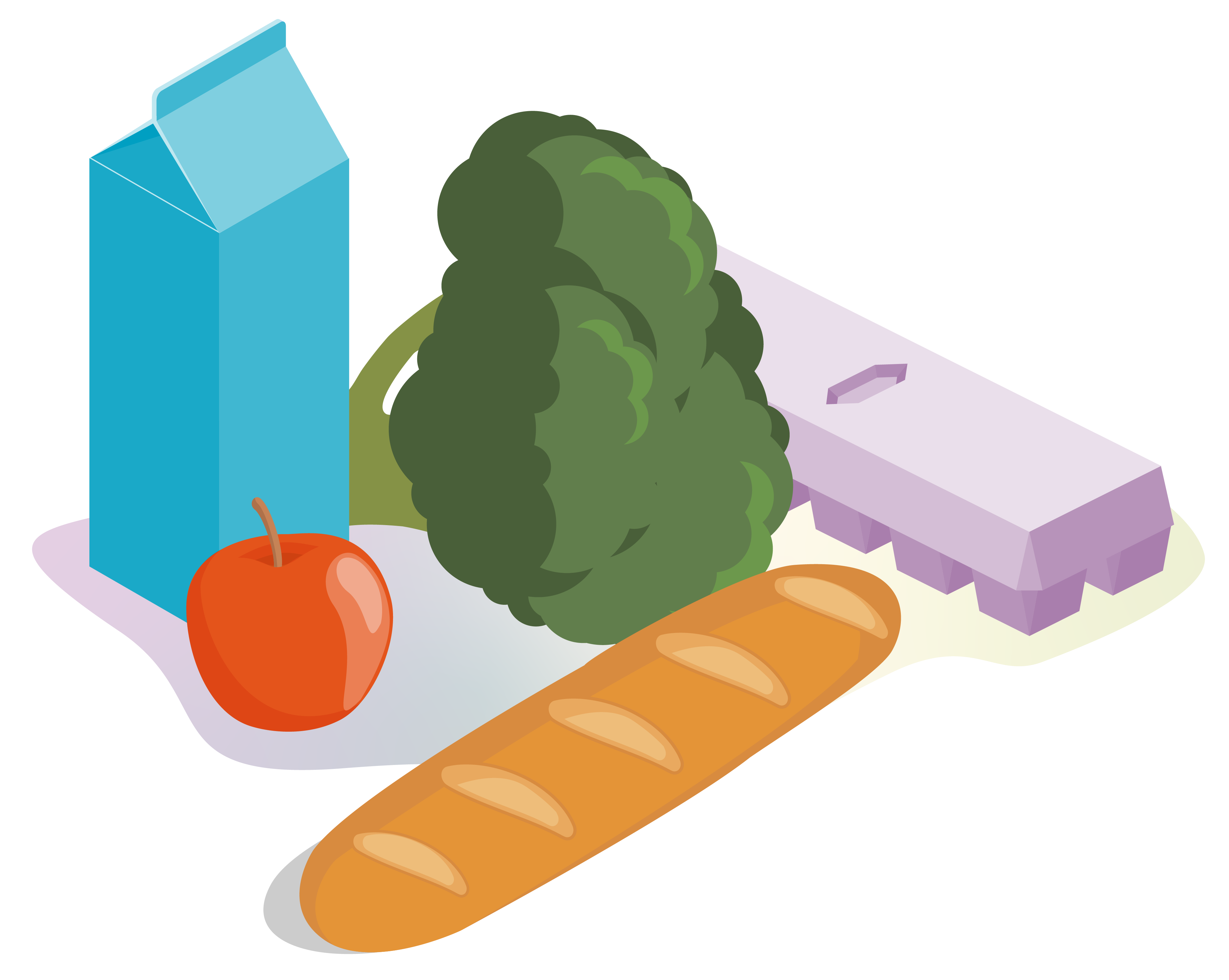 milk, broccoli, eggs, bread and a single apple