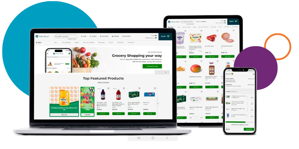 Examples of the Mercatus grocery eCommerce platform on laptop, tablet and mobile